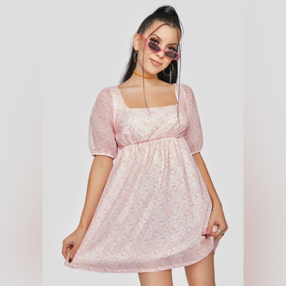 Sanrio Hello Kitty kawaii pastel print pink mesh poof sleeve Babydoll Dress 12
